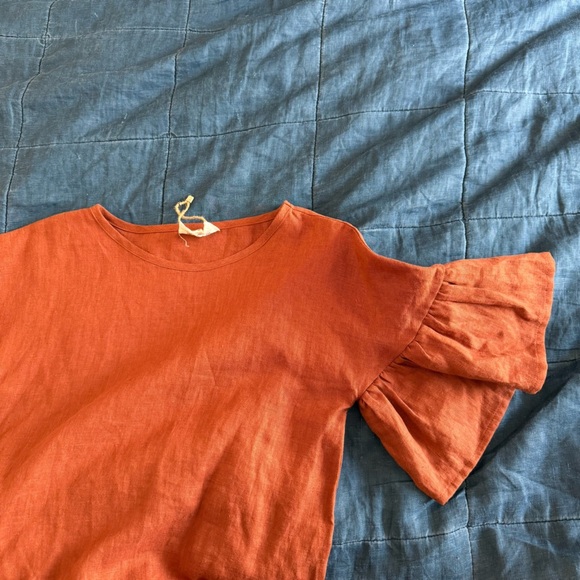 Linen Handmade Studio Tobacco Burnt Orange Cheryl Ruffle Wrap Mini Dress Size 6 - Picture 11 of 13